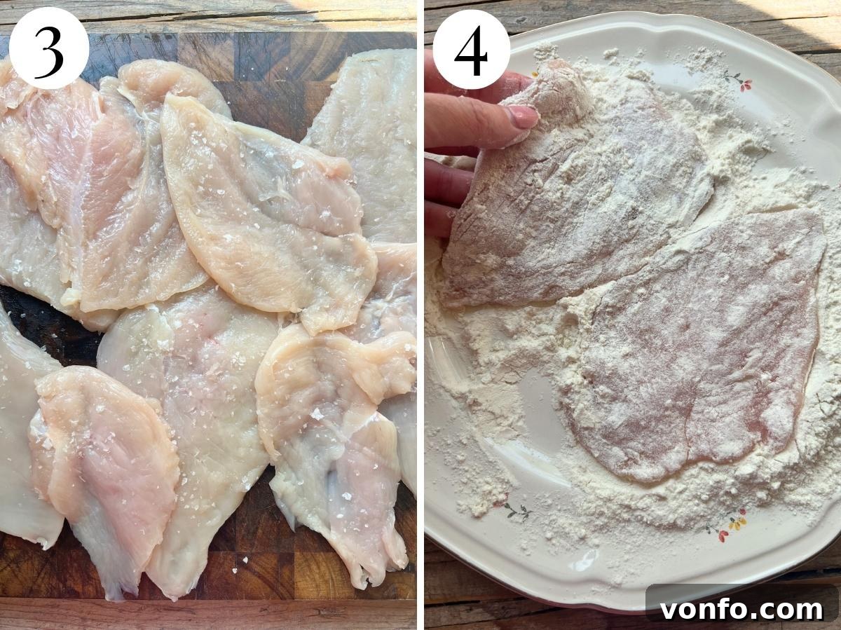 Cherry Tomato Basil Chicken Skillet with Garlic and Parmesan 7 Two photos showing chicken seasoned with salt then dredged in flour.