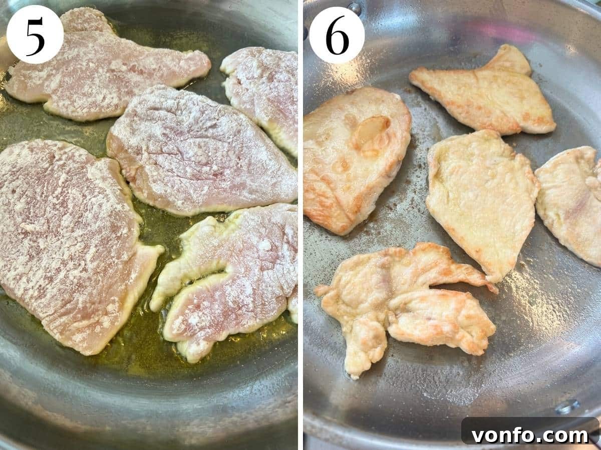 Cherry Tomato Basil Chicken Skillet with Garlic and Parmesan 8 Two photos showing chicken getting cooked in a large pan.