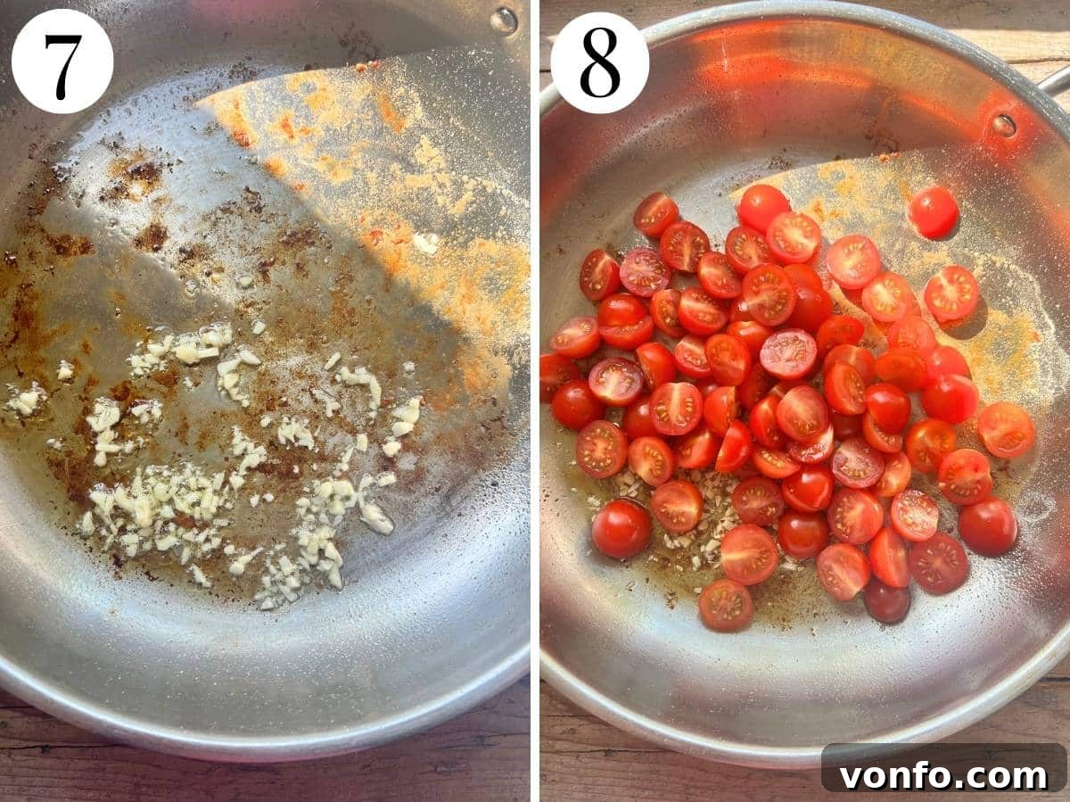 Cherry Tomato Basil Chicken Skillet with Garlic and Parmesan 9 Two photos showing cooking garlic then cherry tomatoes.
