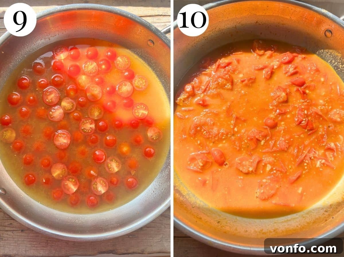 Cherry Tomato Basil Chicken Skillet with Garlic and Parmesan 10 Two photos showing how to reduce a cherry tomato sauce.
