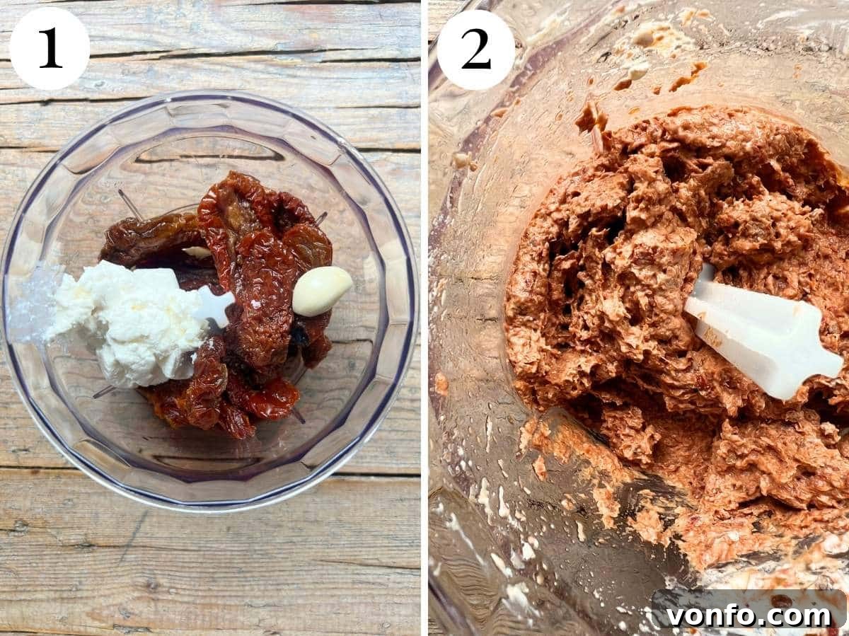 Sun-Dried Tomato Pasta Fredda: Chilled Mediterranean Pasta Salad 10 Two photos showing the before and after of make a sun-dried tomato paste.