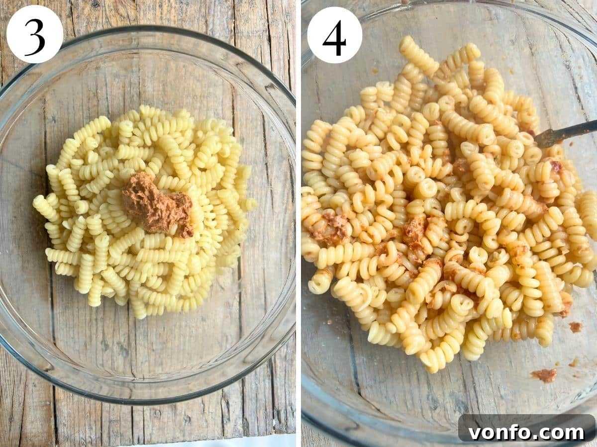 Sun-Dried Tomato Pasta Fredda: Chilled Mediterranean Pasta Salad 11 Two photos showing the before and after of adding a little tomato paste to pasta.