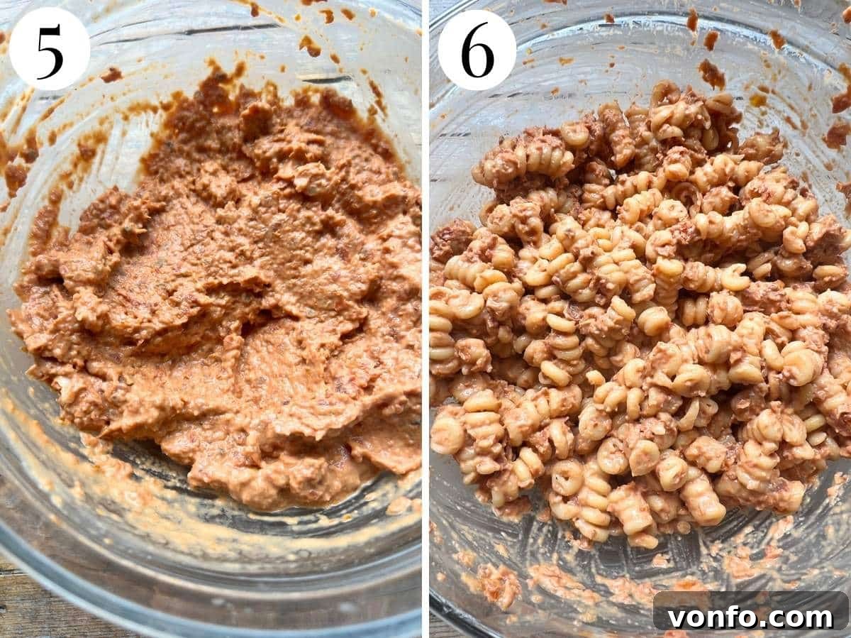 Sun-Dried Tomato Pasta Fredda: Chilled Mediterranean Pasta Salad 12 Two photos showing a looser tomato paste and it being added to pasta.