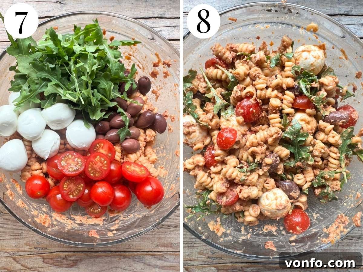 Sun-Dried Tomato Pasta Fredda: Chilled Mediterranean Pasta Salad 13 Two photos showing the additional ingredients being added.