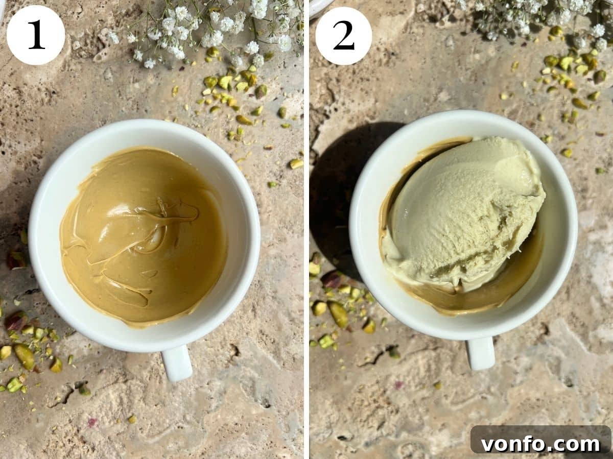 Pistachio Affogato Recipe: Creamy Pistachio Gelato with Espresso 6 Two photos showing a cup with pistachio cream spread inside and then filled with ice cream.