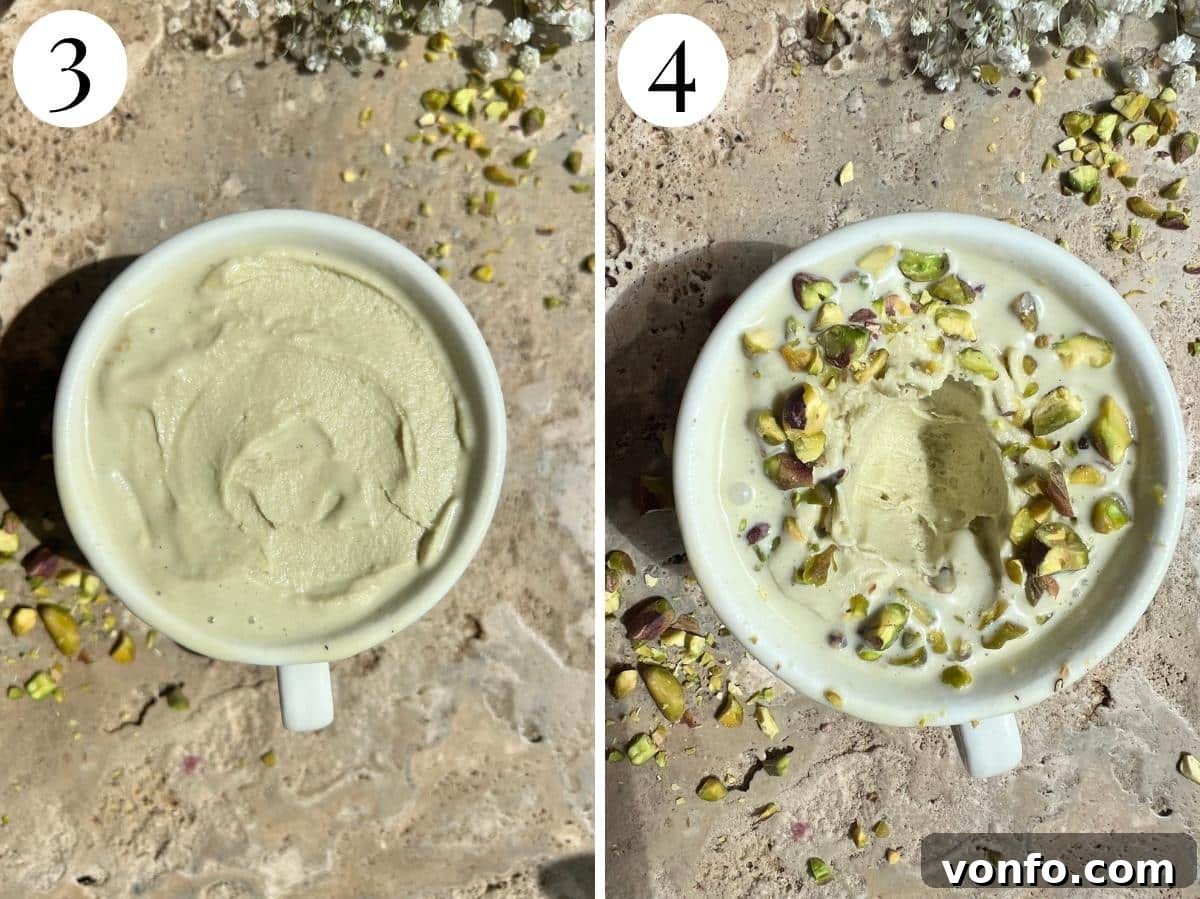 Pistachio Affogato Recipe: Creamy Pistachio Gelato with Espresso 7 Two photos showing pistachio ice cream in a mug topped with pistachios.