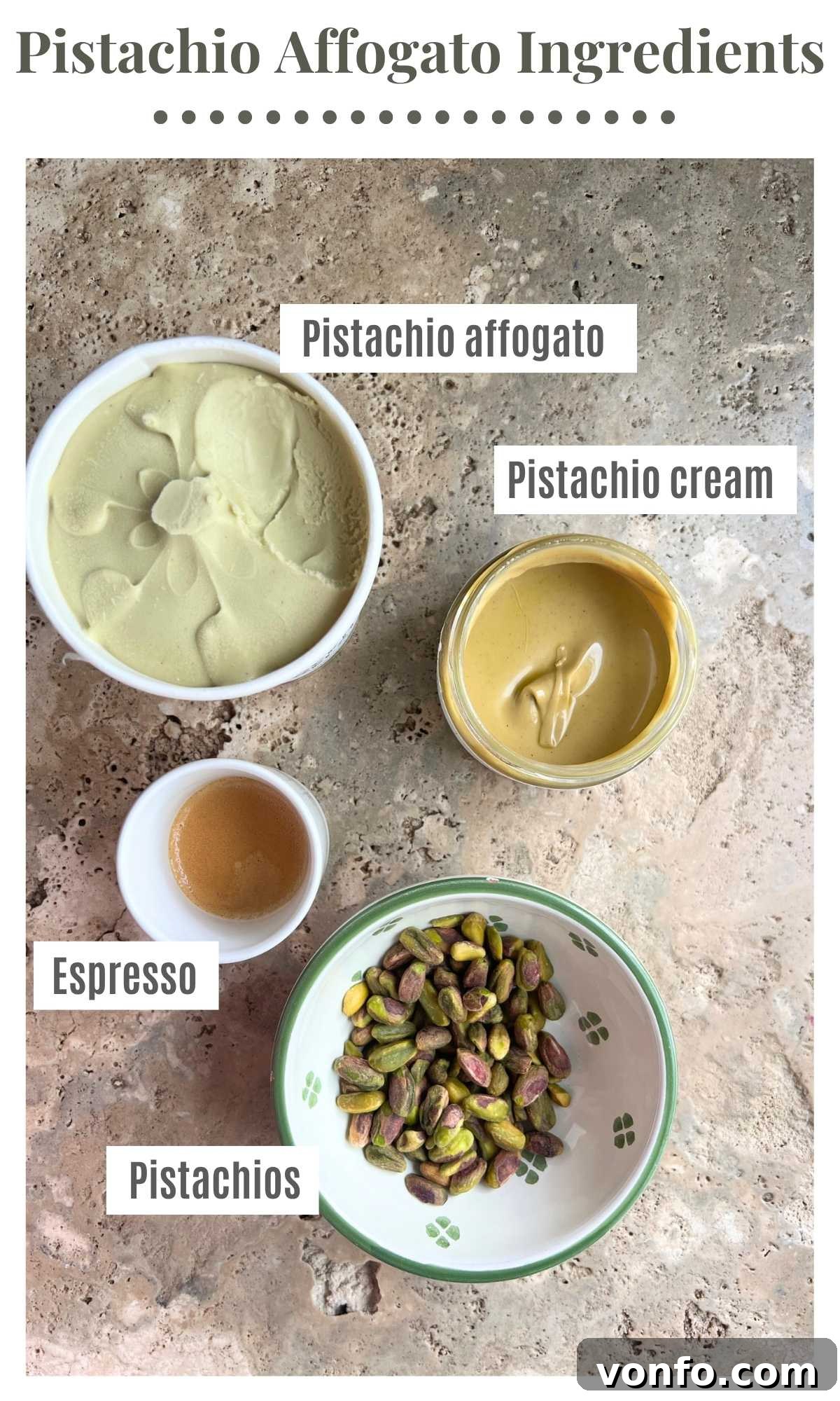 Pistachio Affogato Recipe: Creamy Pistachio Gelato with Espresso 3 Pistachio ice cream, pistachio cream, espresso and pistachio nuts on a travertine surface.