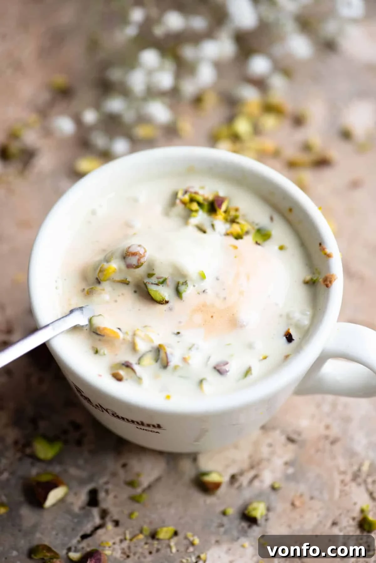 Pistachio Affogato Recipe: Creamy Pistachio Gelato with Espresso 4 A pistachio affogato mixed in a mug with a spoon inside.