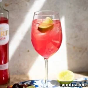 A close up cropped image of a sarti spritz garnished with lime.