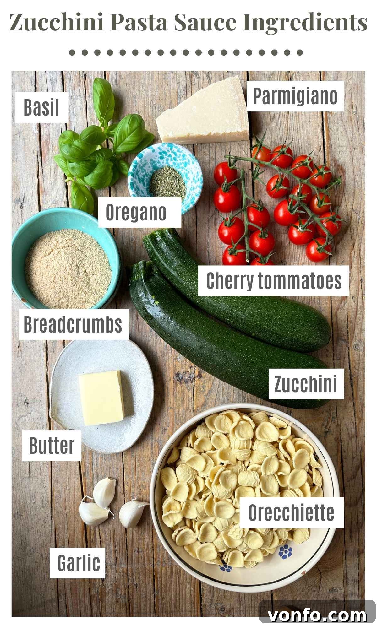 Orecchiette with Zucchini, Brown Butter and Roasted Tomatoes 3 An overhead shot of the ingredients needed to make a zucchini butter pasta. Basil, parmigiano, cherry tomatoes, breadcrumbs, zucchini, orecchiette, garlic, butter and oregano.