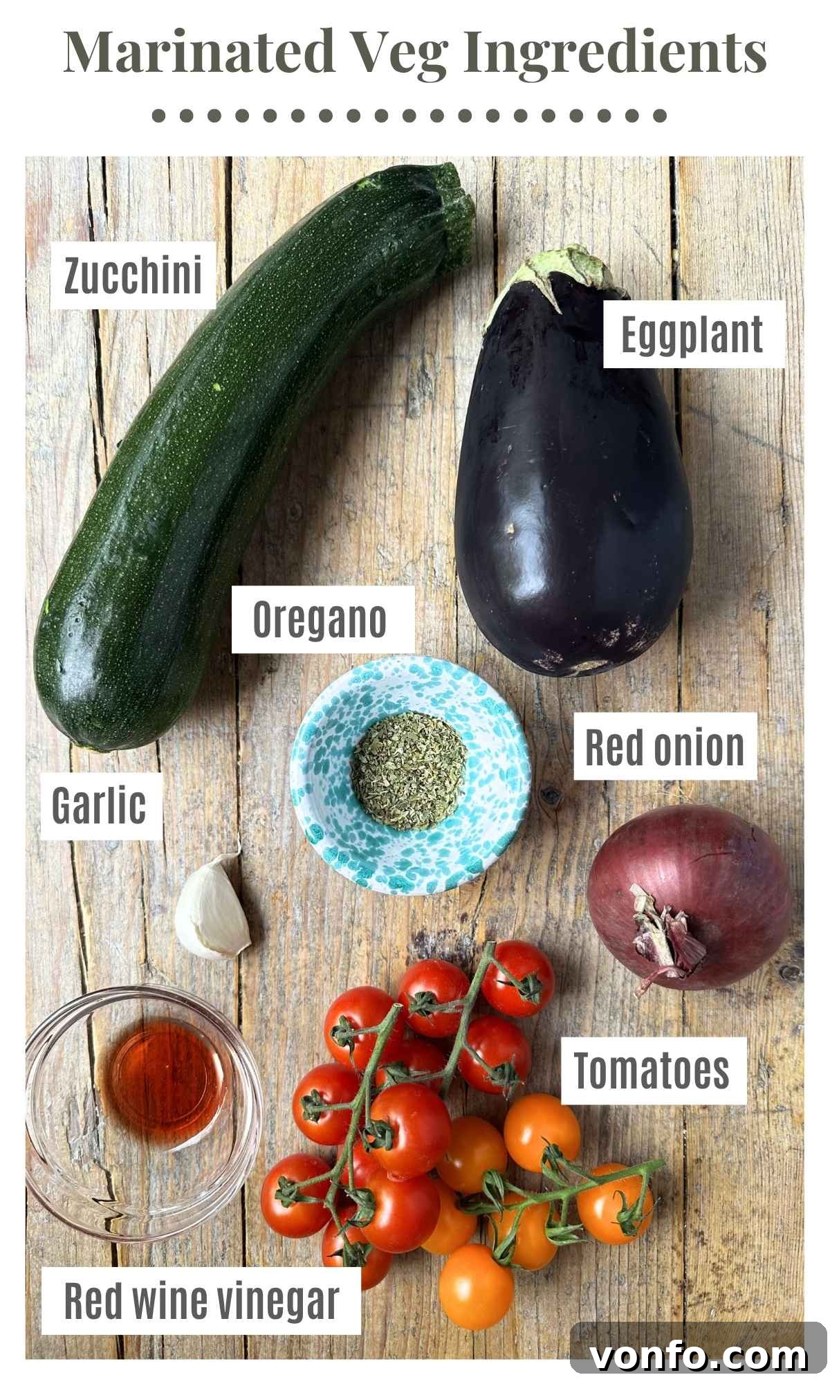 Italian Summer Vegetable Marinade Recipe for Fresh Antipasti 3 An overhead shot of all the ingredients needed to make marinated grilled veg.