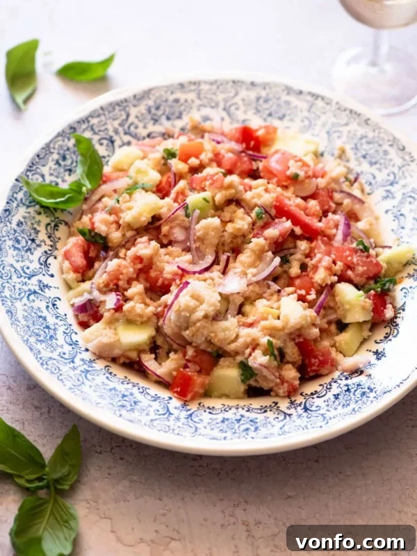 Italian Summer Vegetable Marinade Recipe for Fresh Antipasti 5 Authentic Tuscan Panzanella Salad in a blue patterned bowl with basil around.