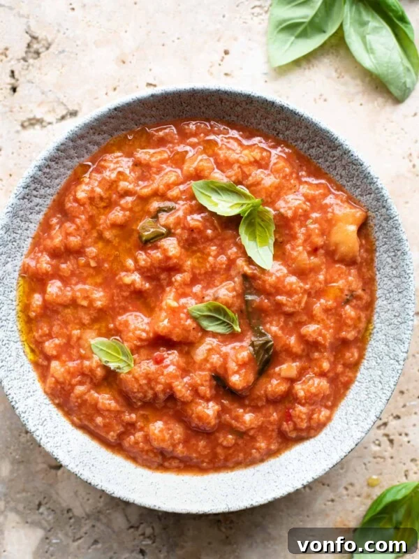 Italian Summer Vegetable Marinade Recipe for Fresh Antipasti 7 An overhead shot of a bowl of Pappa al Pomodoro Italian bread soup