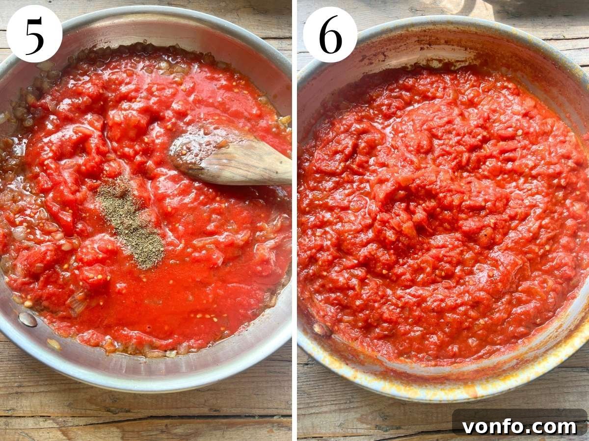 Spaghetti al Rancetto: Umbrian Tomato with Crispy Pancetta 12 Two photos in a collage showing marjoram being added to tomato sauce and how it looks after being reduced.