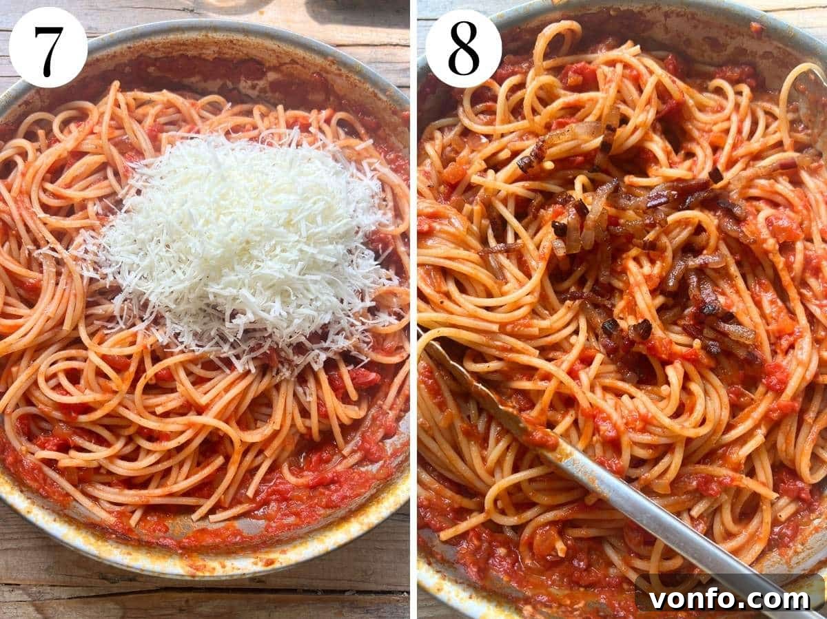 Spaghetti al Rancetto: Umbrian Tomato with Crispy Pancetta 13 Two photos in a collage showing spaghetti, pecorino and pancetta being added to the sauce to finish the dish.