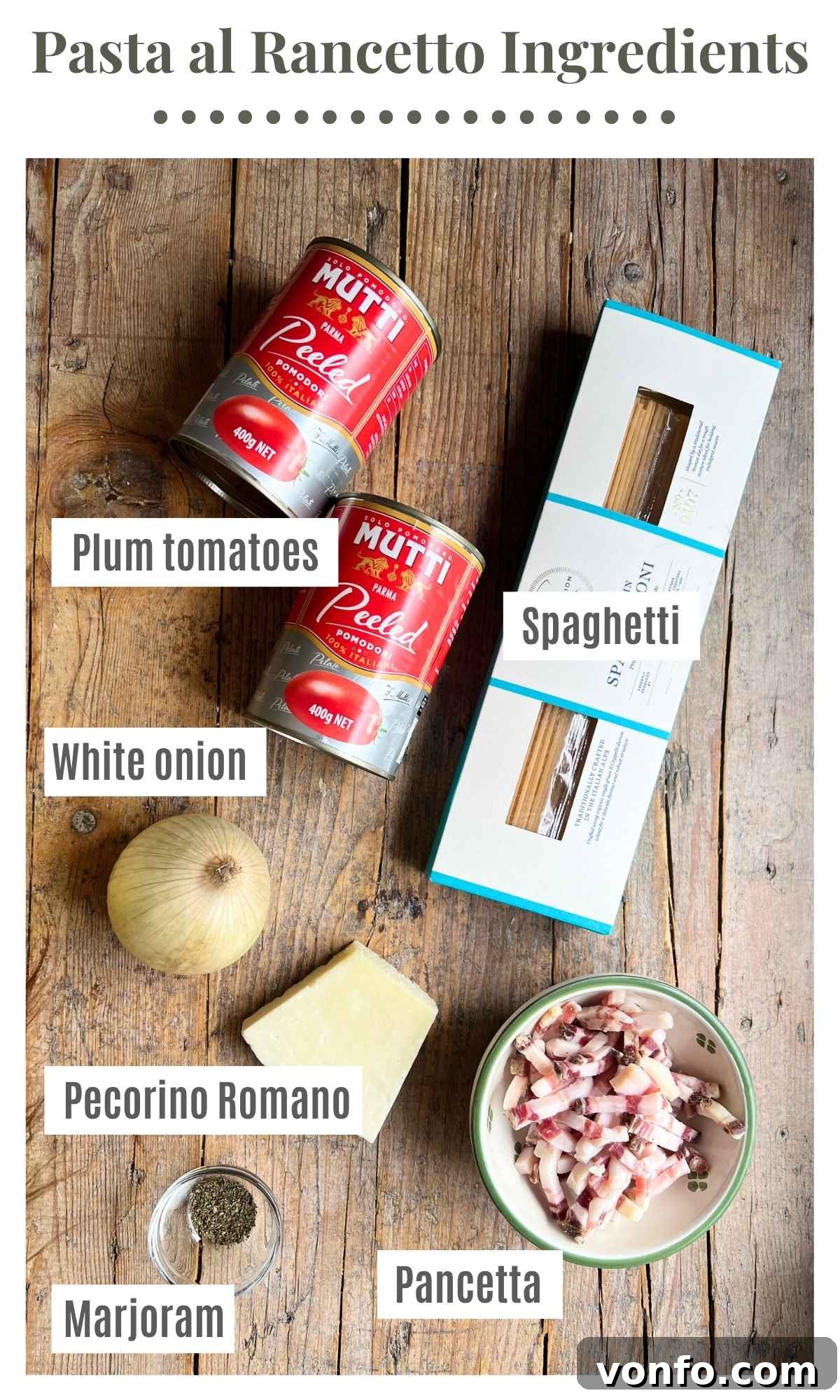 Spaghetti al Rancetto: Umbrian Tomato with Crispy Pancetta 3 An overhead shot of all the ingredients needed to make Pasta al Rancetto on a wooden rustic surface.