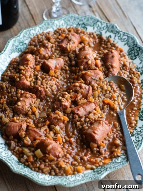 Italian sausages and lentils on a large serving plate sitting on a wooden table.