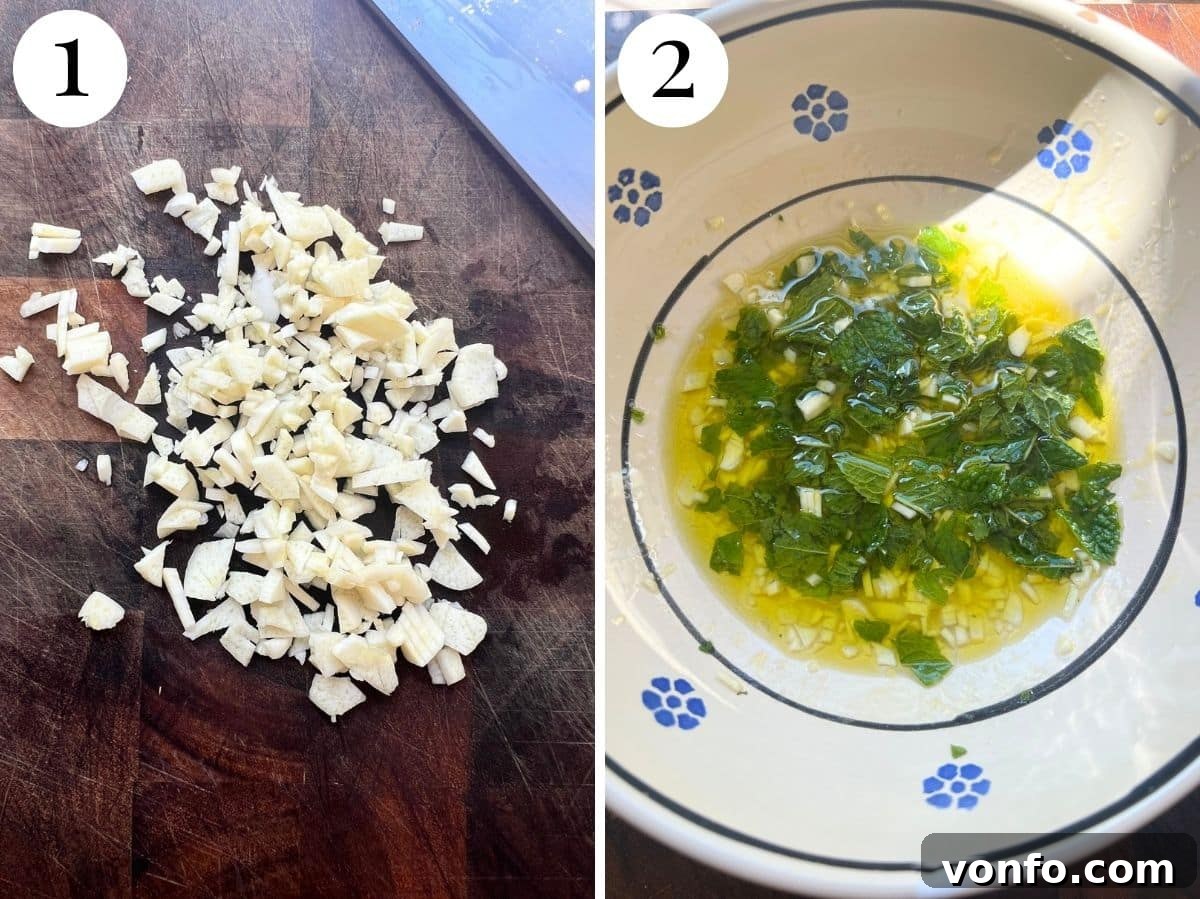 Chopped garlic and a vinegar, mint and olive oil dressing in a bowl.
