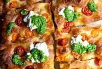 Roasted Tomato Focaccia with Burrata and Basil Pesto