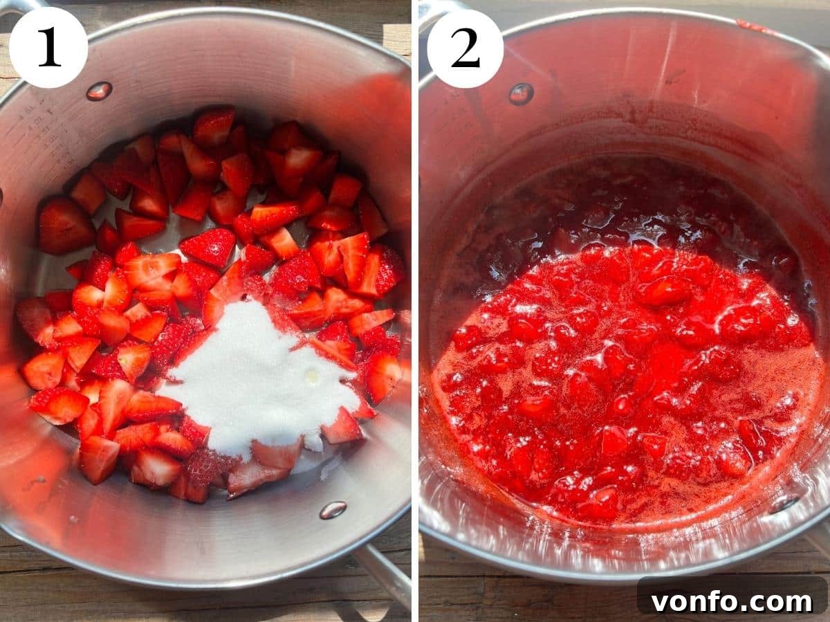 Two photos in a collage showing chopped strawberries, sugar and lemon in a pan and stewed down after cooking.