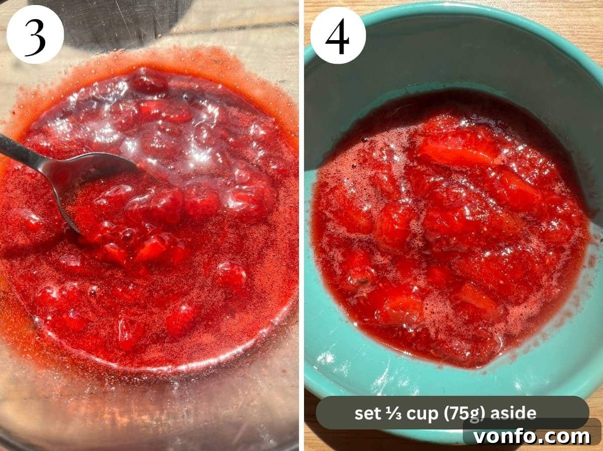 Two photos in a collage showing the consistency of the strawberry sauce after cooking.