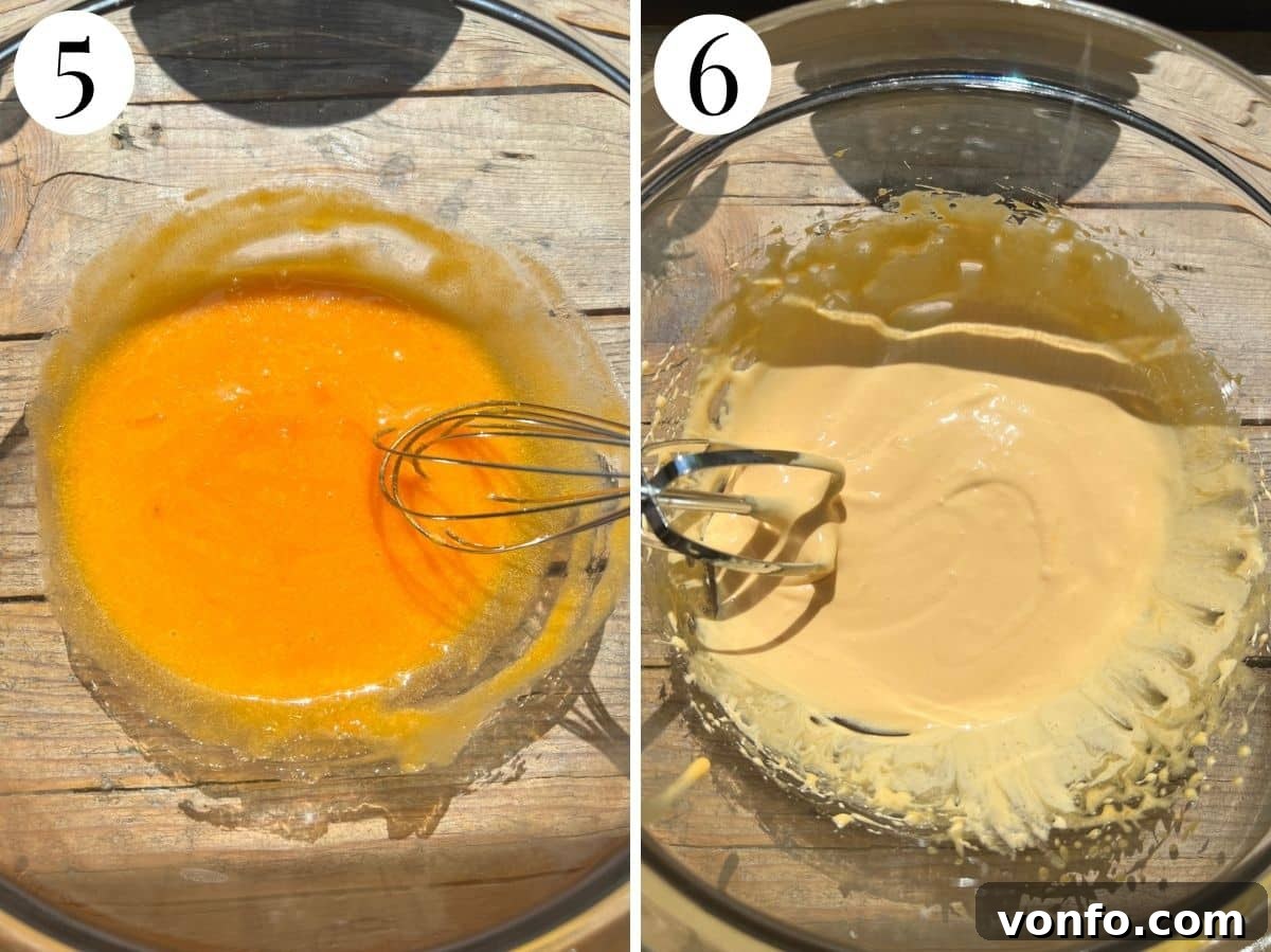 Two photos in a collage showing the eggs turning thick and pale.