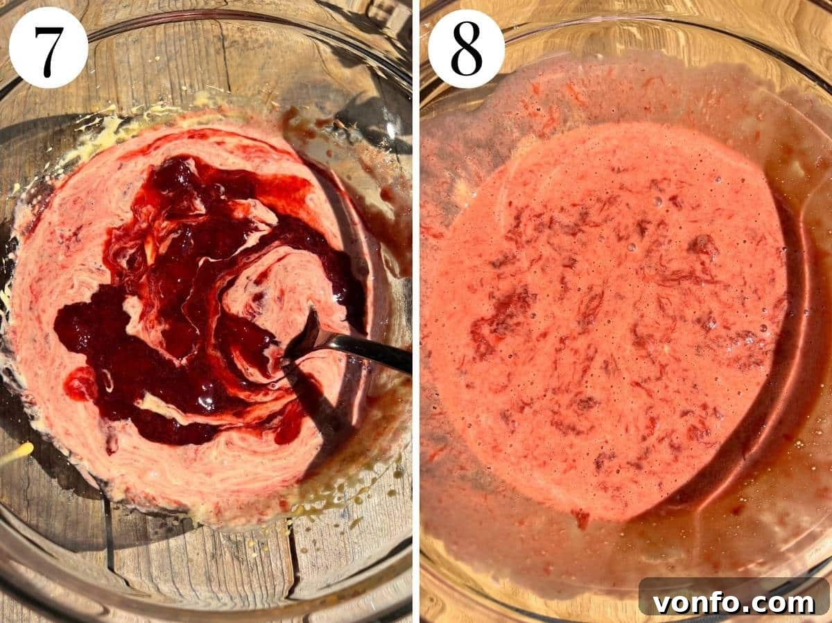 Two photos in a collage showing the strawberry sauce mixed with the egg mixture.