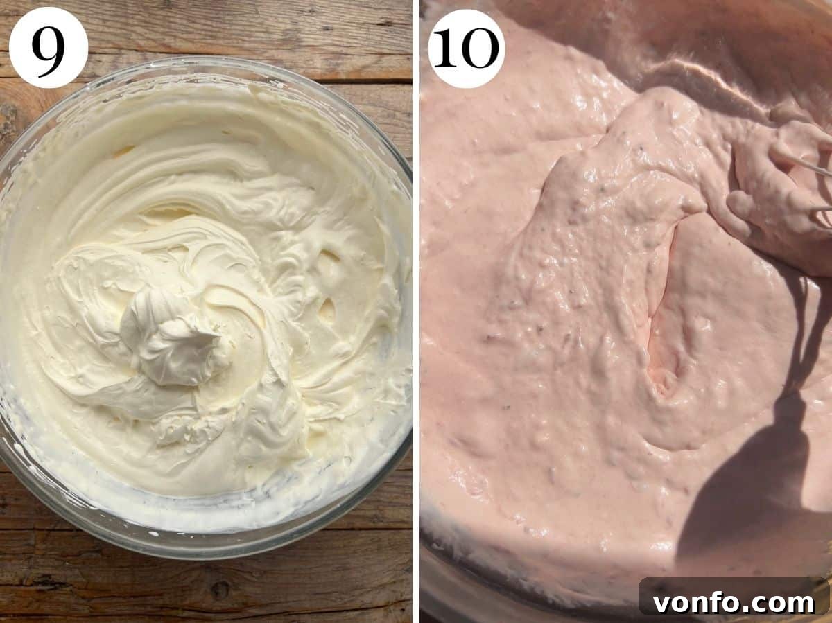 Two photos in a collage showing whipped cream and then the cream folded with the strawberry mixture.