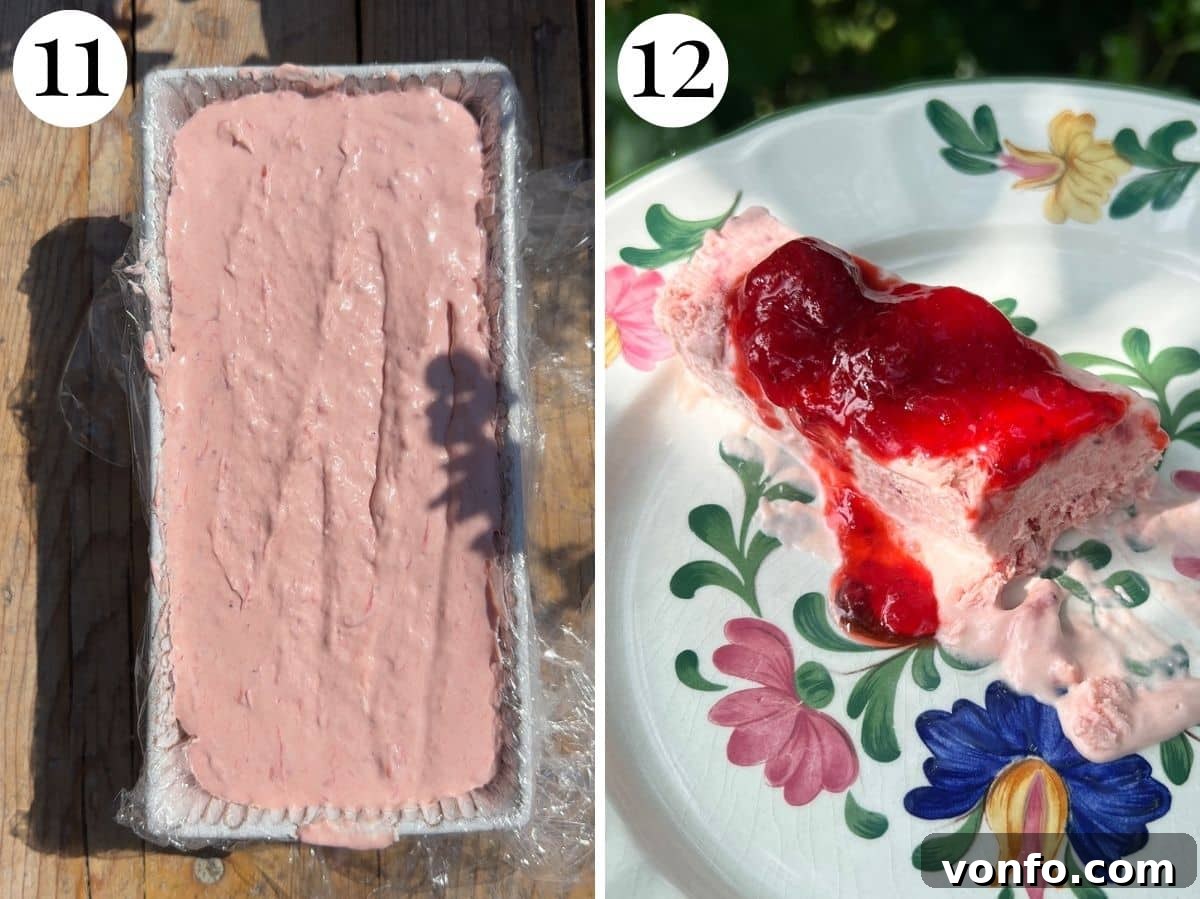 Two photos in a collage showing the strawberry semifreddo in a loaf pan then a slice on a plate topped with strawberry sauce.
