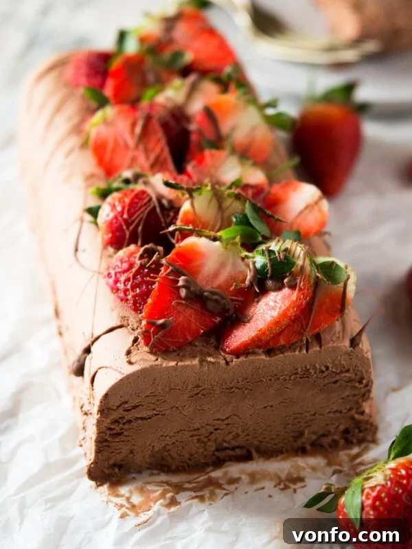 A chocolate semifreddo recipe on a white surface topped with fresh berries