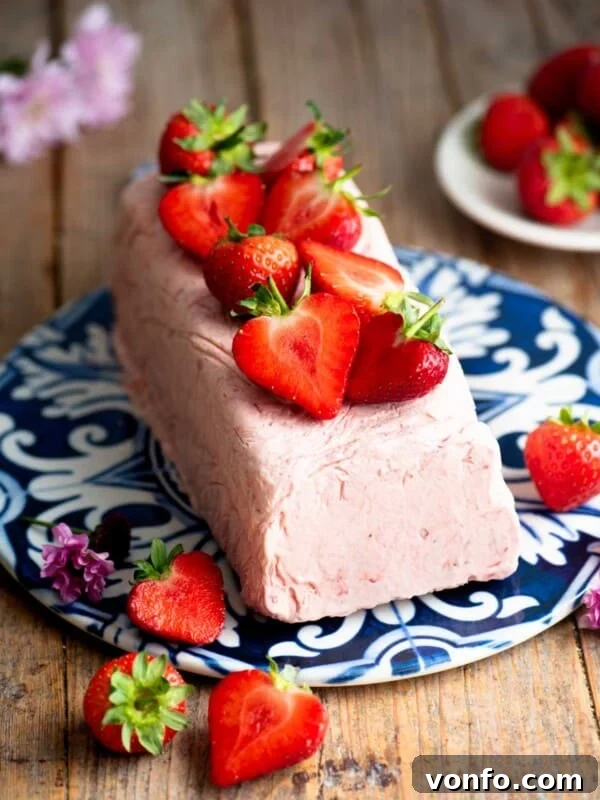 Piedmont-Style Baked Stuffed Peaches (Pesche Ripiene) 5 Strawberry semifreddo on a blue and white ceramic serving board topped with cut strawberries.