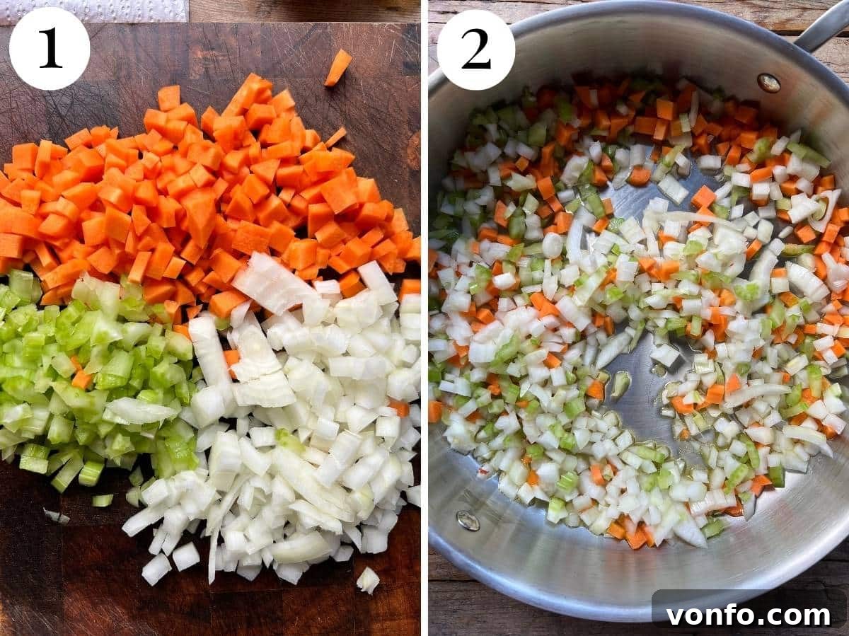 Slow-Braised Eggplant and Sausage Ragu 10 Two photos in a collage showing finely chopped carrot, celery and onion in a pan.