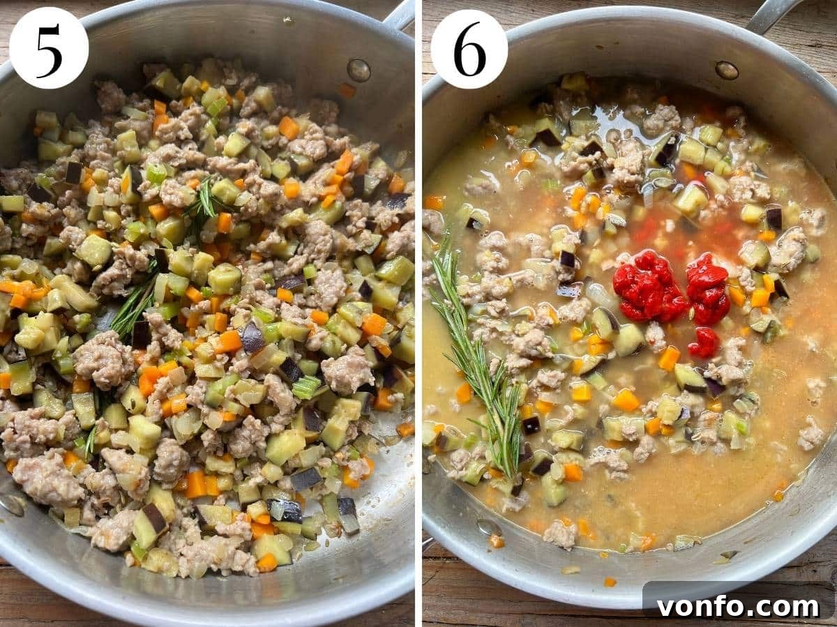 Slow-Braised Eggplant and Sausage Ragu 12 Two photos in a collage showing adding white wine then tomato paste and stock.