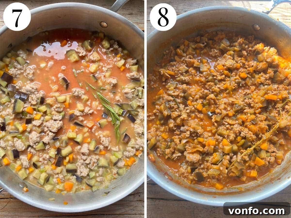 Slow-Braised Eggplant and Sausage Ragu 13 Two photos in a collage showing the before and after the sauce has reduced and ready.