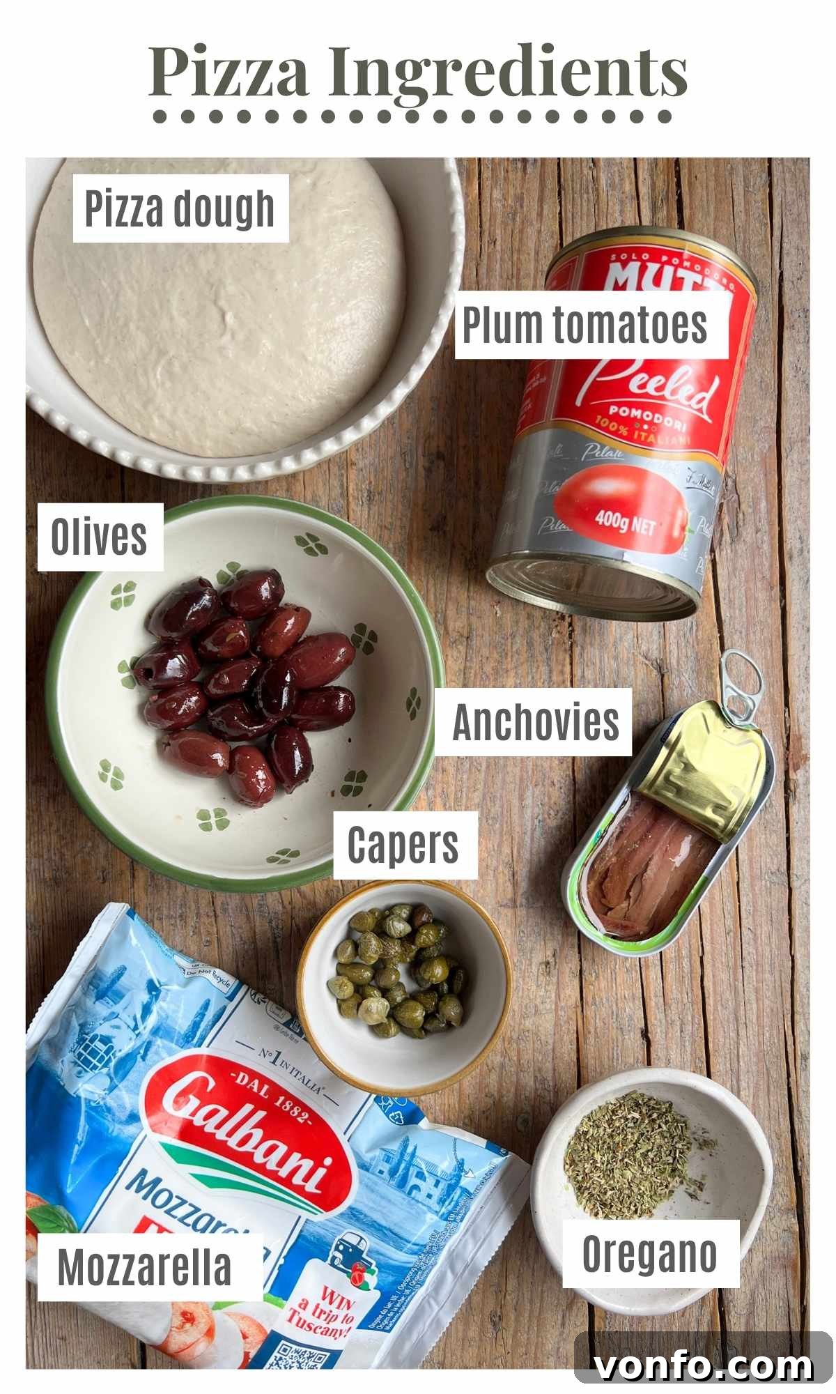 Mediterranean Pizza with Olives, Anchovies & Capers 3 An overhead shot of pizza ingredients on a rustic wooden surface. The text labels read; pizza dough, plum tomatoes, olives, capers, anchovies, mozzarella and oregano.