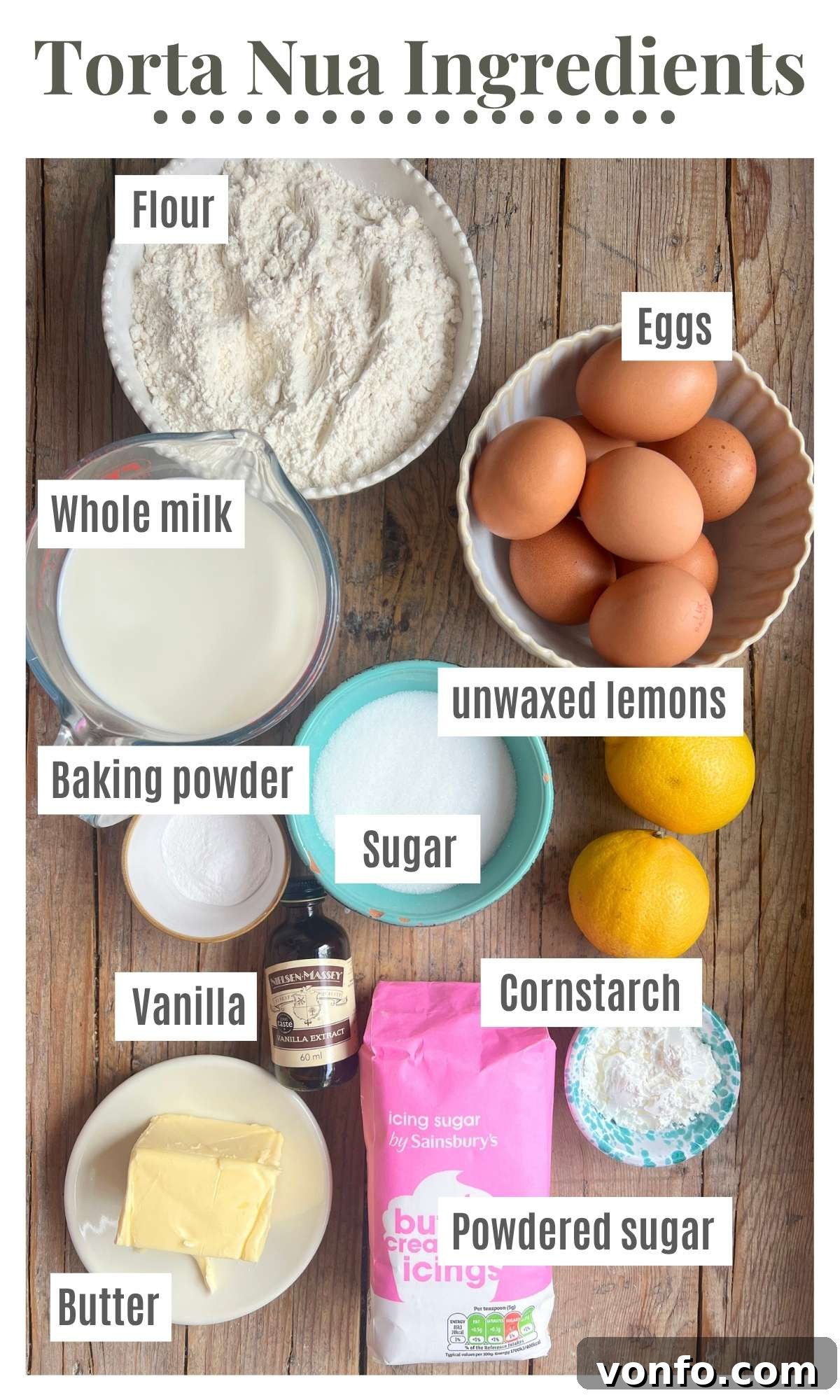 An overhead shot of all the ingredients needed to make a torta nua on a rustic wooden background.