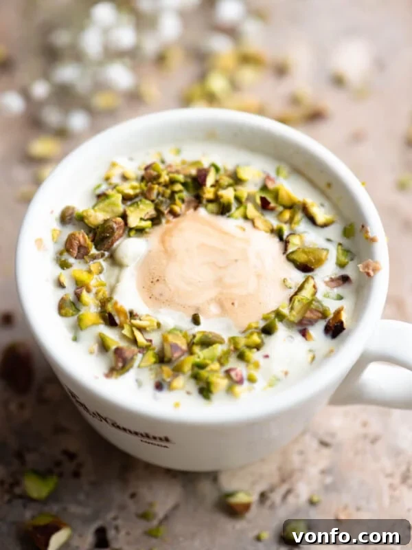 A pistachio affogato topped with chopped pistachios on a travertine surface.