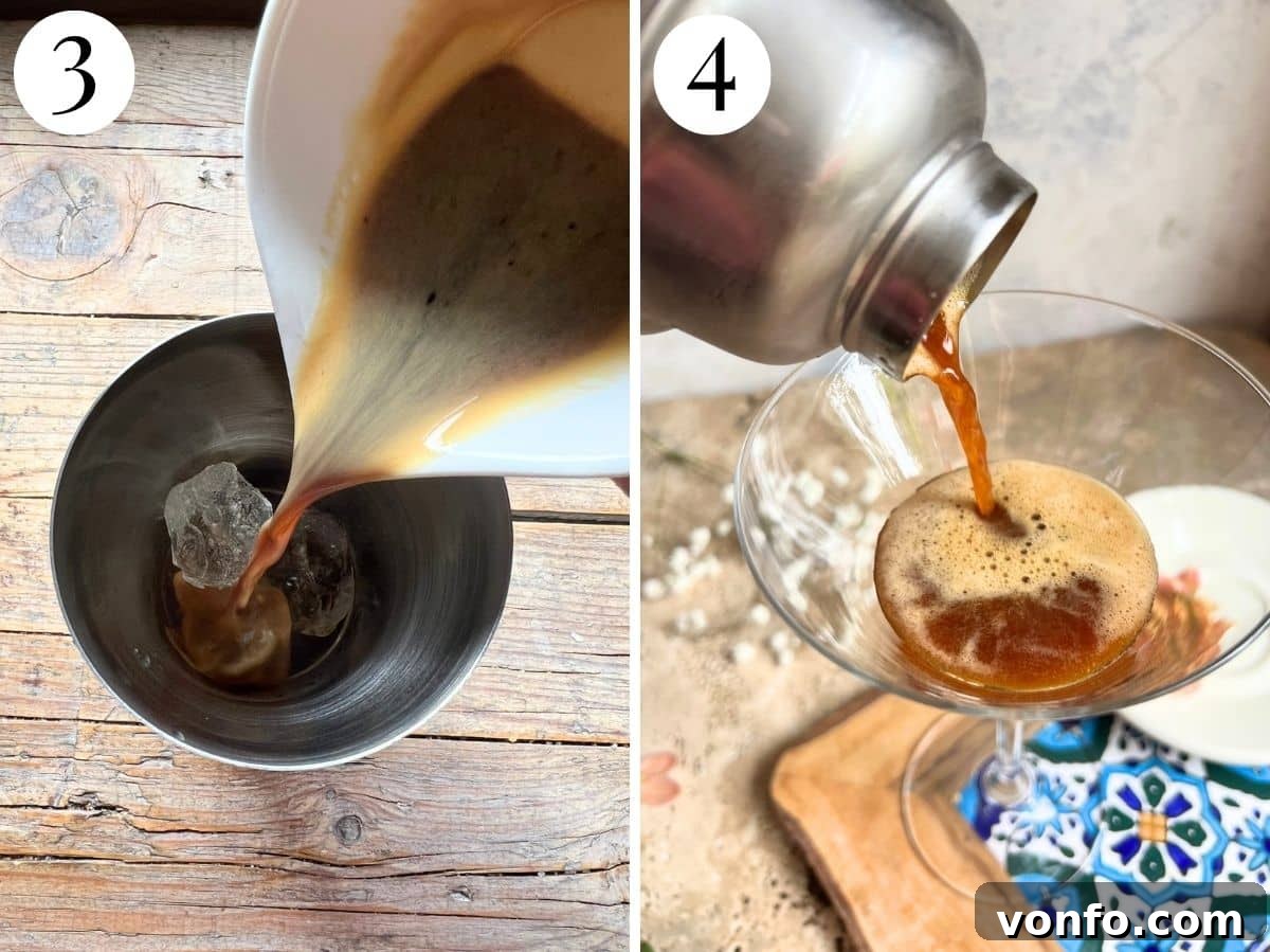 Photos showing espresso being poured into and strained from a cocktail shaker.