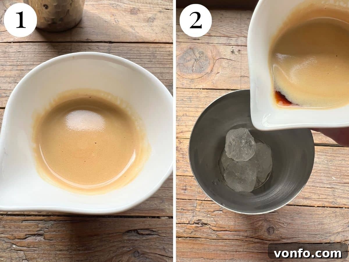 Two photos showing brewed espresso with crema and pouring into a cocktail shaker.