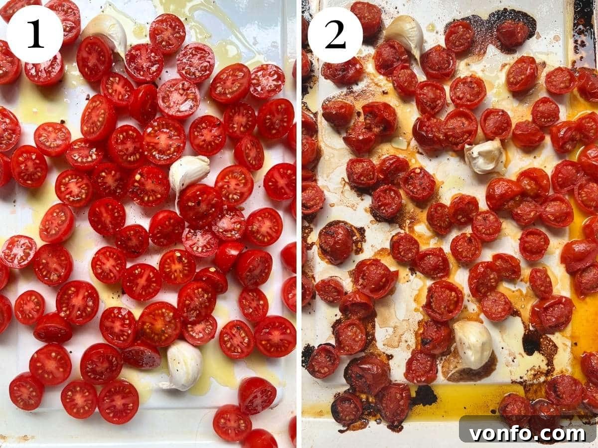 Two photos showing the before and after of roasted cherry tomatoes and garlic.