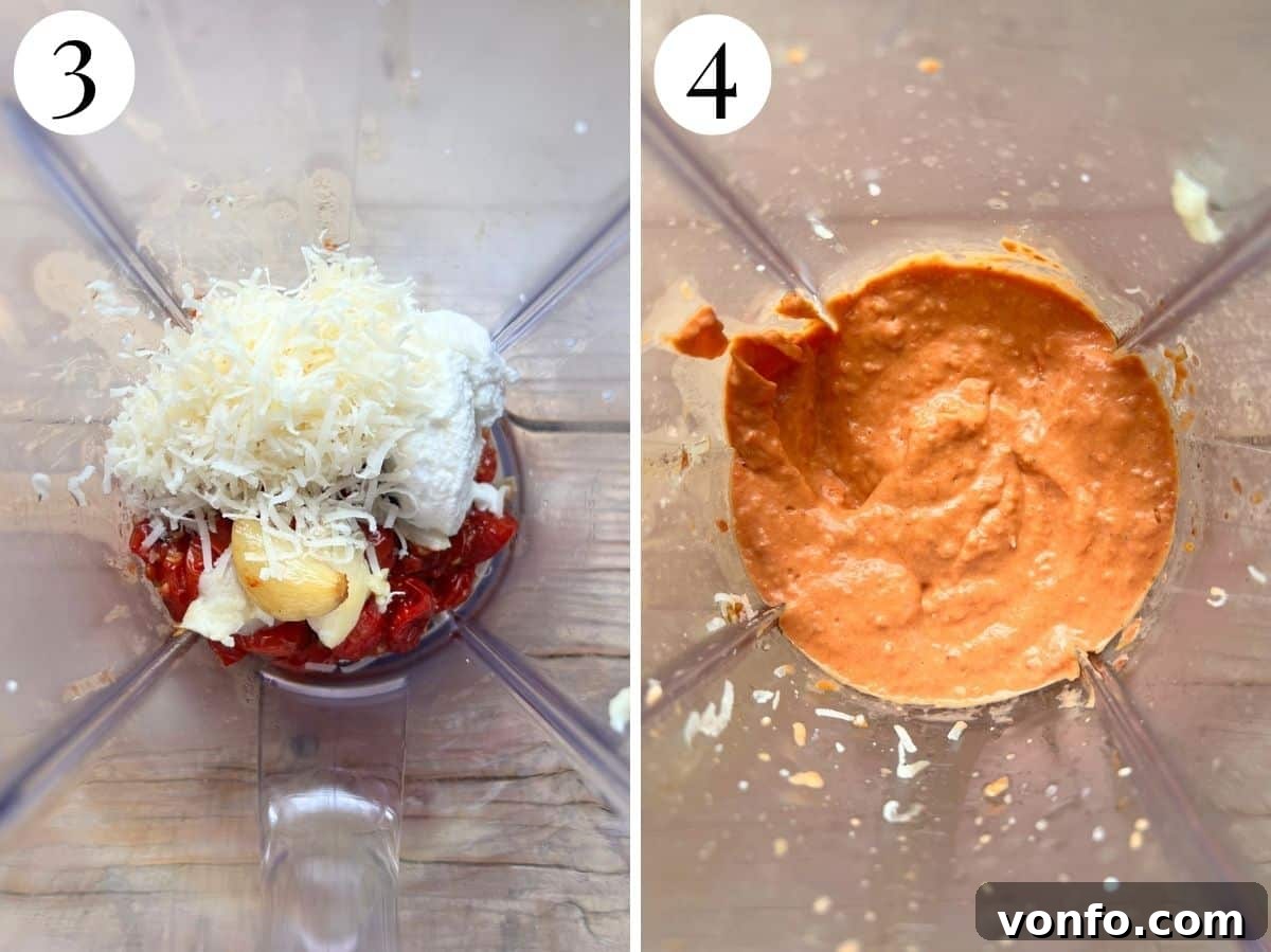 Two photos in a collage showing before and after blending roasted tomatoes, ricotta, garlic and parmigiano reggiano together.