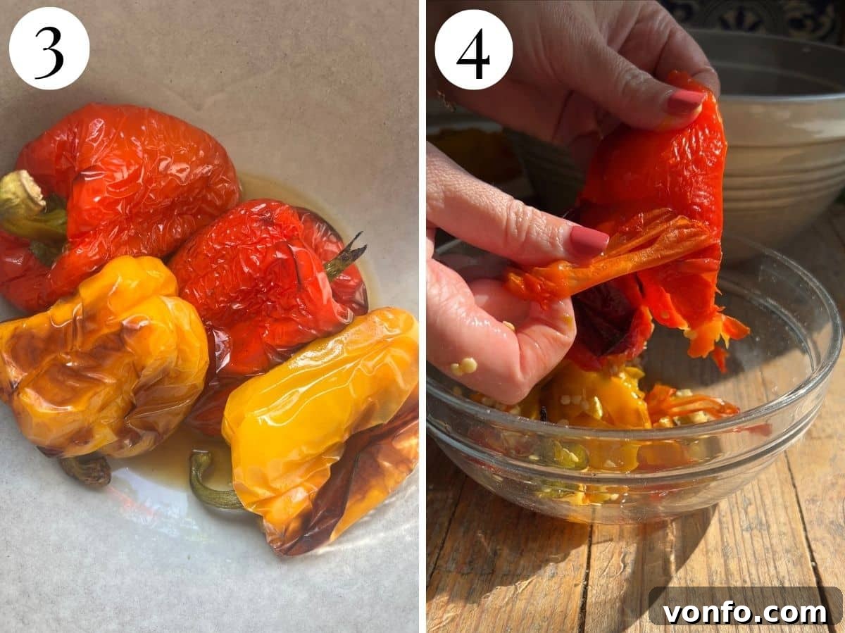 Two photos in a collage showing roasted peppers and how to peel the skins off.