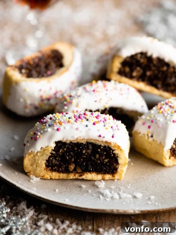 Five Cuccidati cookies on a plate with fake white snow scattered around.